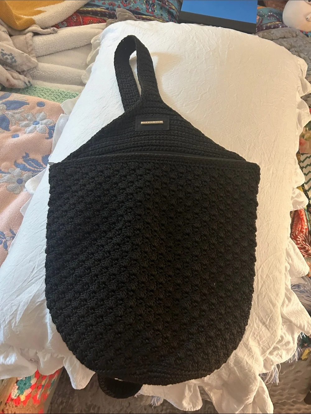 Vintage The Sak Black Crochet One Shoulder Sling Backpack-1990’s